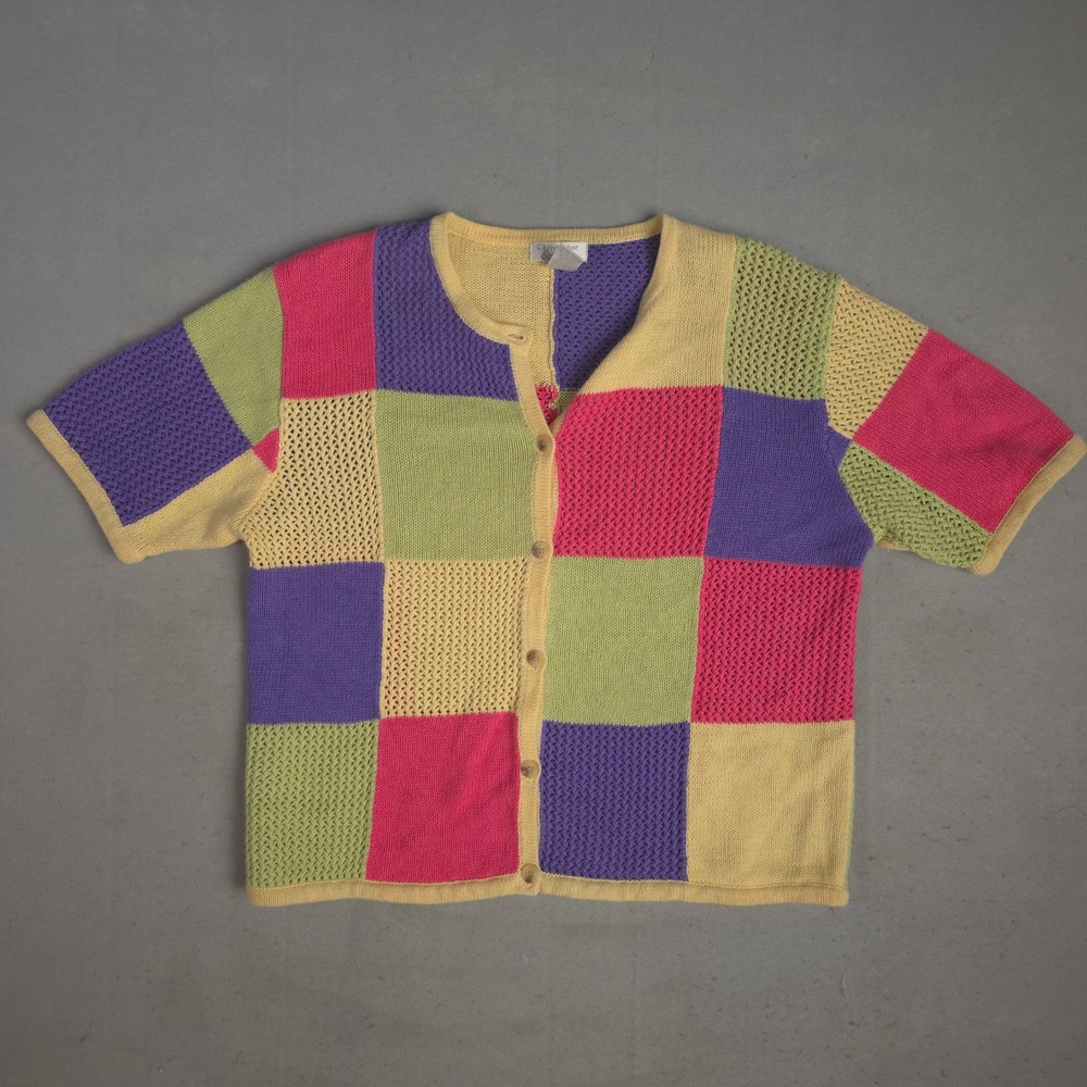 Christopher Banks Knit Cardigan Colorful Patchwork Short Sleeve Top‎ Size L